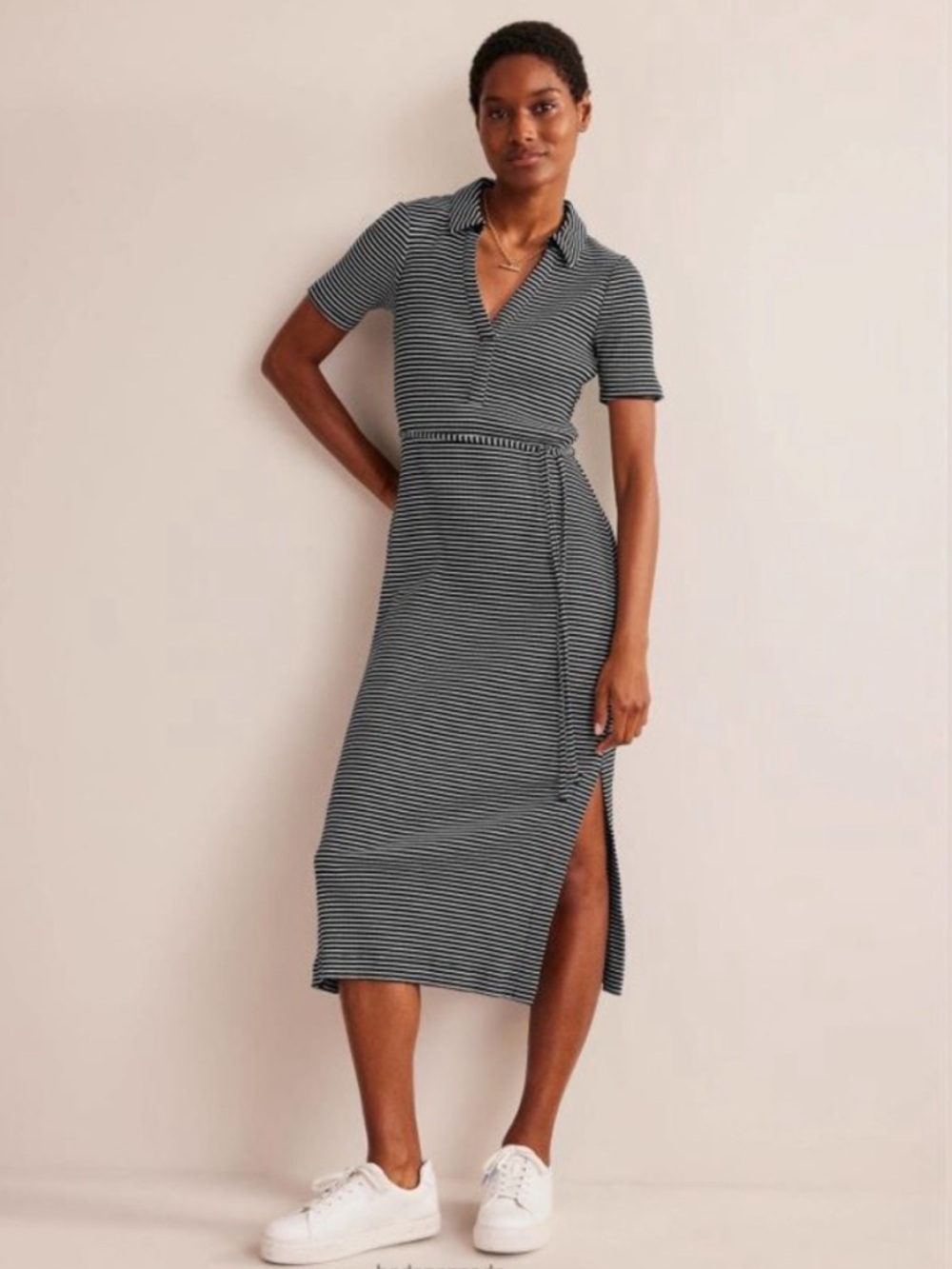 Boden Ribbed-Jersey Midi Shirt Black & White Striped Dress, US 10 Boden